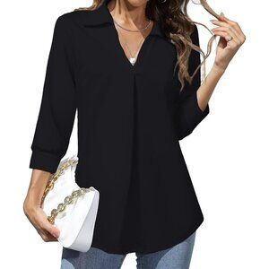 Women Black Work Blouse Collared V Neck Shirt Loose Fit Top Public Occasion